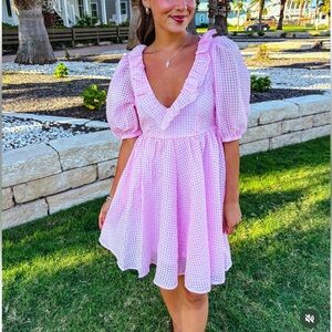 Mable Pink Gingham Puff Sleeve Ruffle Tie Back Mini Dress Coquette Romantic S